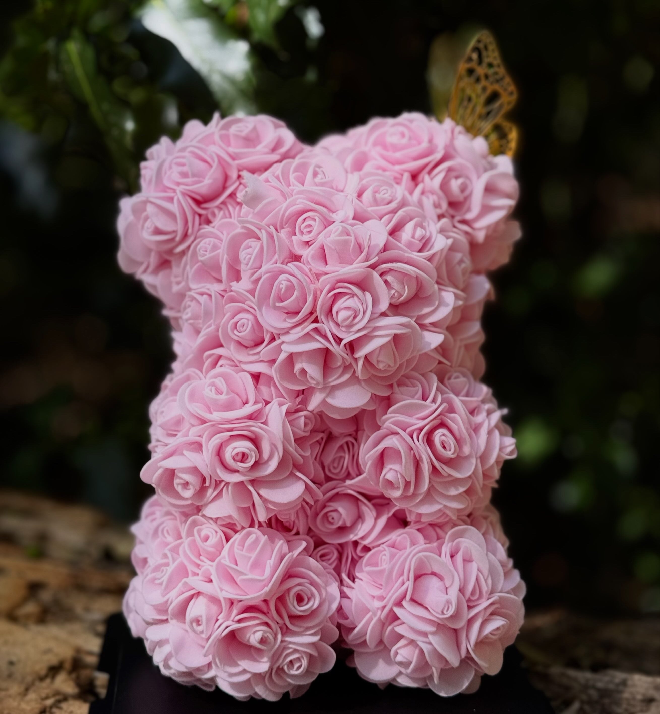 25cm Pink Rose Bear with butterfly detail displayed next to MB Experience gift box