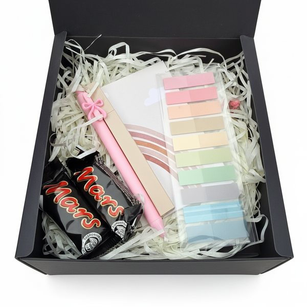 Back to School Mini Box — gift box with pink bow pen, mini notepad, colourful pastel sticky notes and Mars chocolate bars