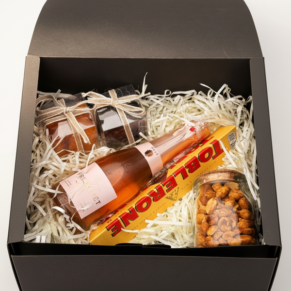 Wife's Time Off Box — luxury gift box with rosé sparkling wine, Toblerone chocolate, gourmet mixed nuts, dried apricots and dried prunes