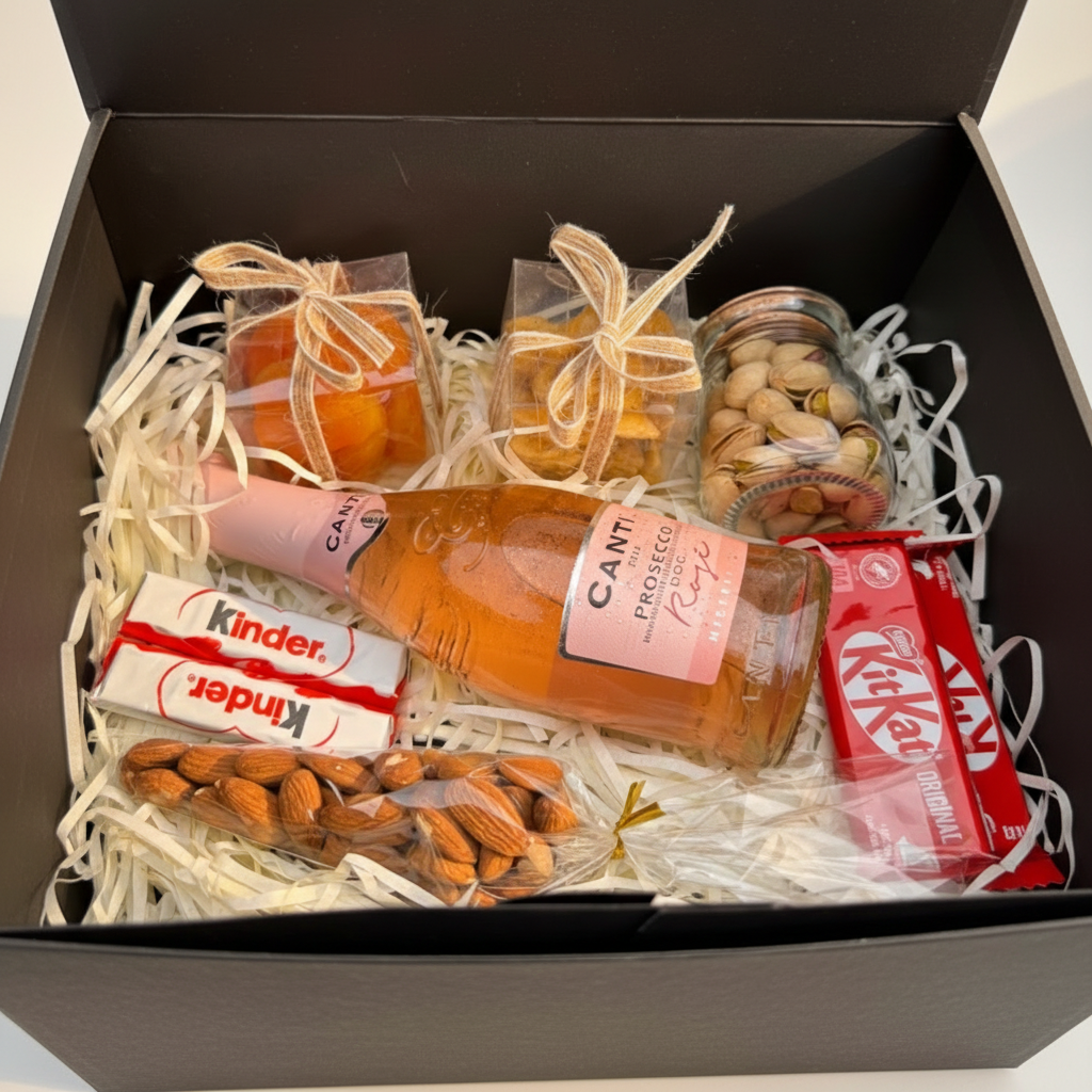 Treat Box with Prosecco — luxury gift box with rosé prosecco, KitKat, Kinder chocolate, roasted almonds, pistachios, dried apricots and banana chips