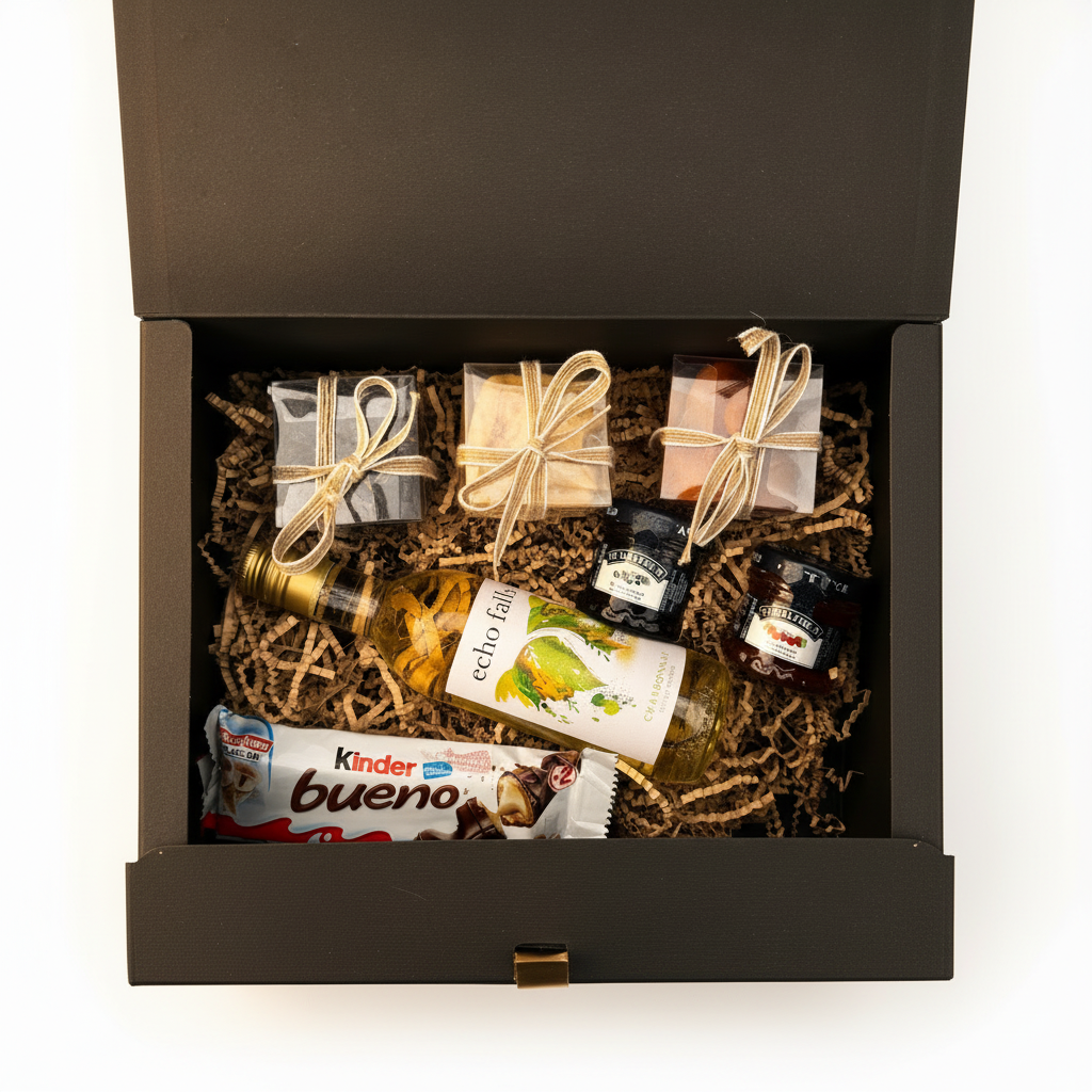 Treat Box with Wine — luxury gift box with Chardonnay wine, Kinder Bueno, dried apricots, banana chips, dried prunes, blueberry and strawberry preserves