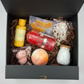 Self Care Box — luxury gift box with honey almond bath fizzer, dark cherry candle, vanilla dream shower powder, collagen eye masks, flower candle and pearl hair clip