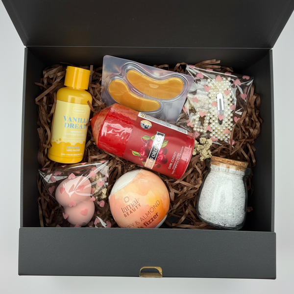 Self Care Box — luxury gift box with honey almond bath fizzer, dark cherry candle, vanilla dream shower powder, collagen eye masks, flower candle and pearl hair clip