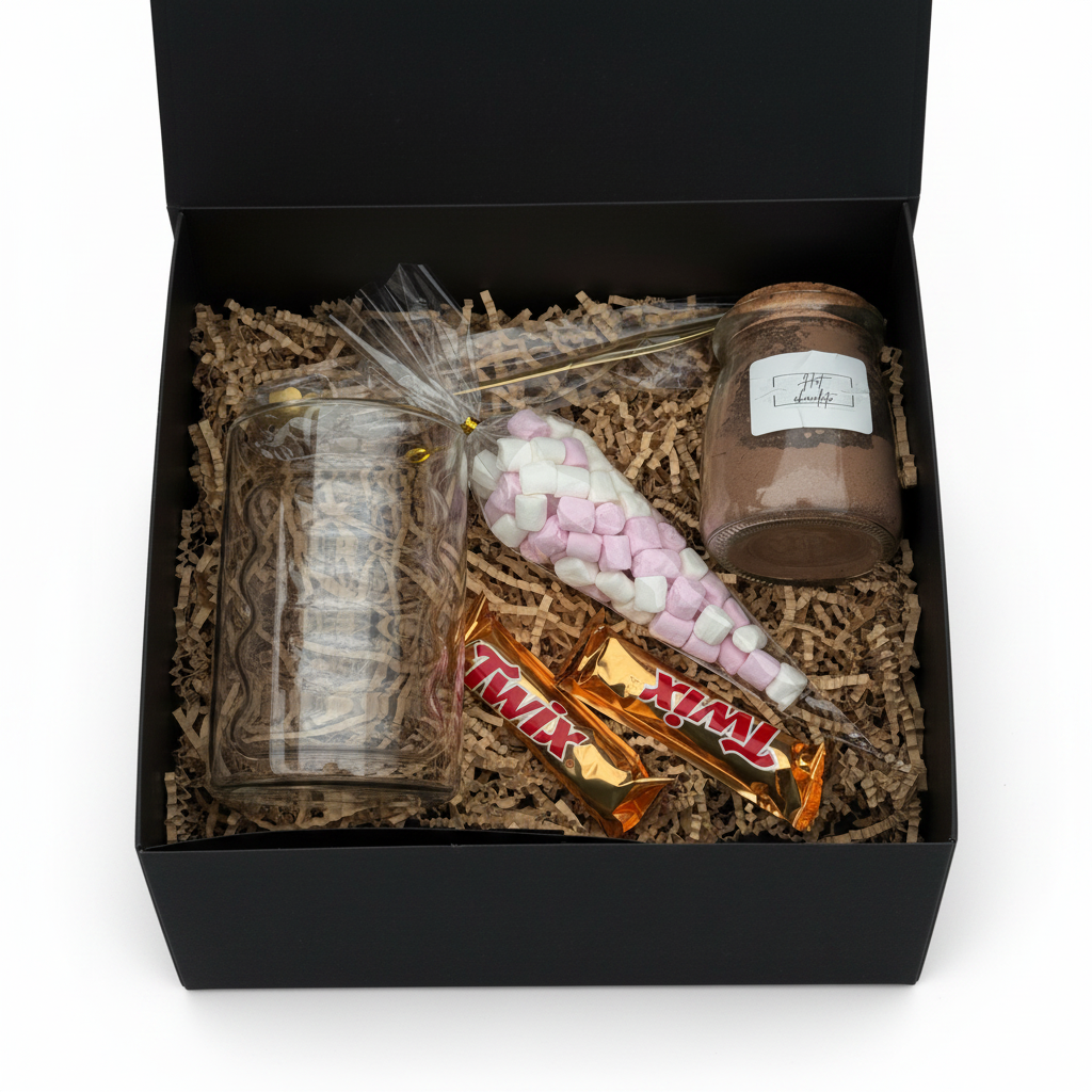 Hot Chocolate Box — luxury gift box with glass mug, hot chocolate mix, pink and white marshmallows, Twix chocolate bars and golden spoon