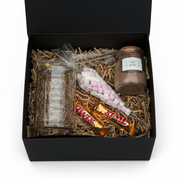 Hot Chocolate Box — luxury gift box with glass mug, hot chocolate mix, pink and white marshmallows, Twix chocolate bars and golden spoon