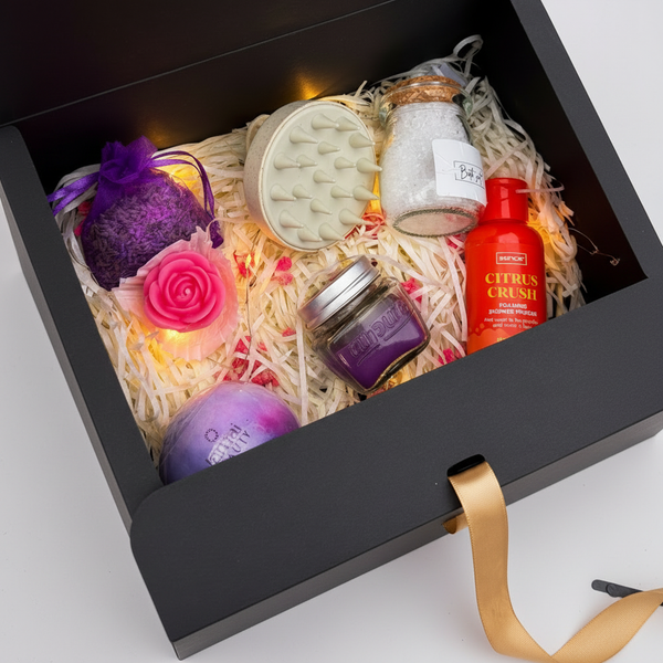 Relax Box — luxury self-care gift box with lavender bath fizzer, bath salts, scalp massager, rose candle, citrus crush shower powder and scented candle jar
